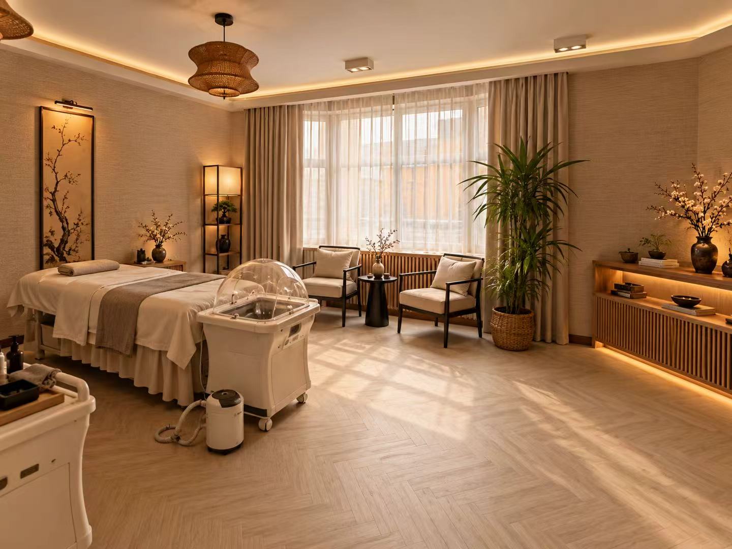 Warm wood tones, softly lit treatment beds and a head spa machine in the supplied YI studio image